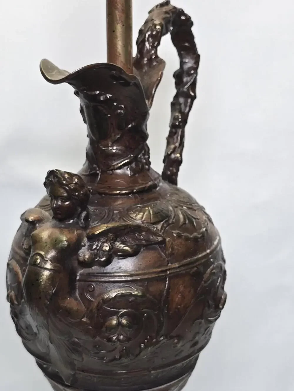 Grand Tour Style Bronze Figural Ewer Lamp Red Marble Base Heavy 29